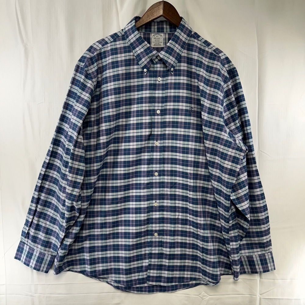 Brooks Brothers Button Shirt Mens XXL Blue Plaid Regent Non-Iron Supima Cotton